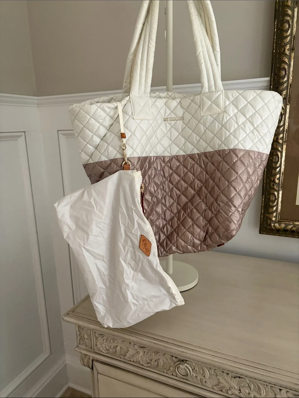 MZ Wallace Quilted Tote in White and Rose Gold